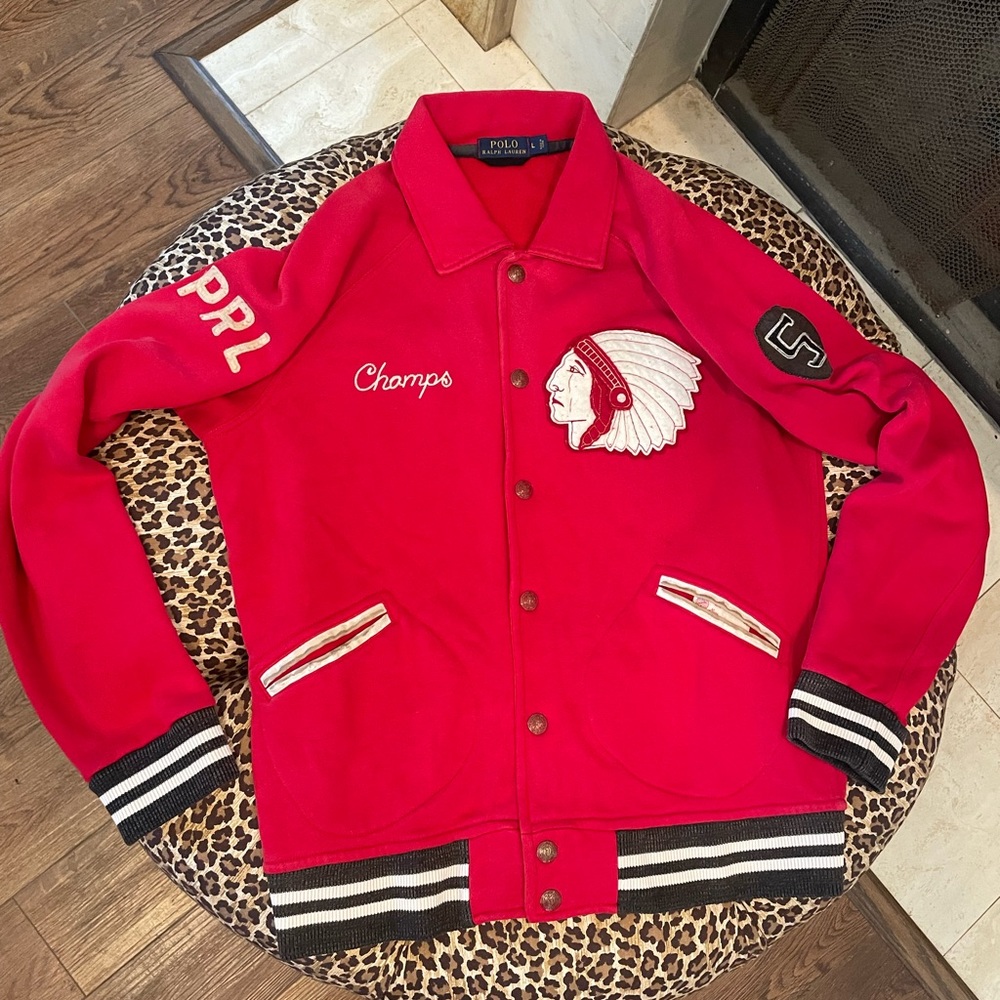 🔥Polo Ralph Lauren Varsity Jacket Indian Head New York Snap Front Mens L
